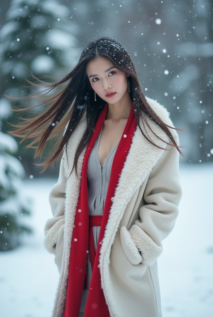 Asian woman in the snow with her sensuality