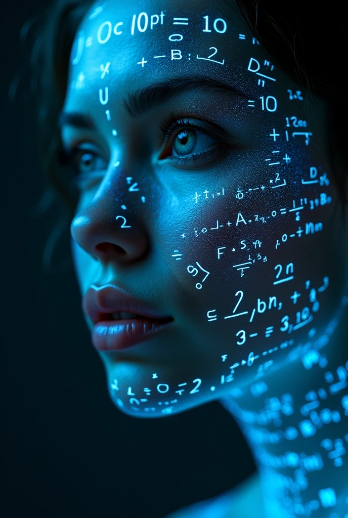 Close up of woman's face, Glowing blue holographic equations projected onto the skin.. Strong gaze, Realistic features. Dark background, Cyberpunk aesthetics. Glowing math formulas, Handwriting style. Futuristic, High-tech atmosphere. Photorealistic rendering, Dramatic Lighting, In sharp contrast