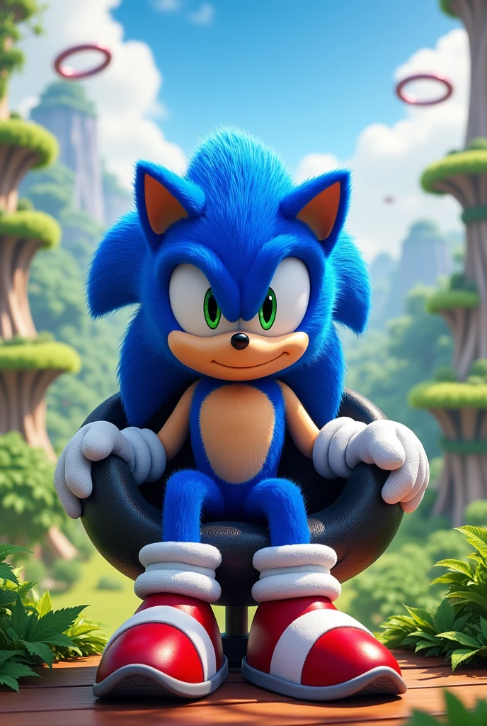 Sonic the hedgehog , solo, looking at viewer, smile, 1boy, full body, sitting on chair, looking at viewer