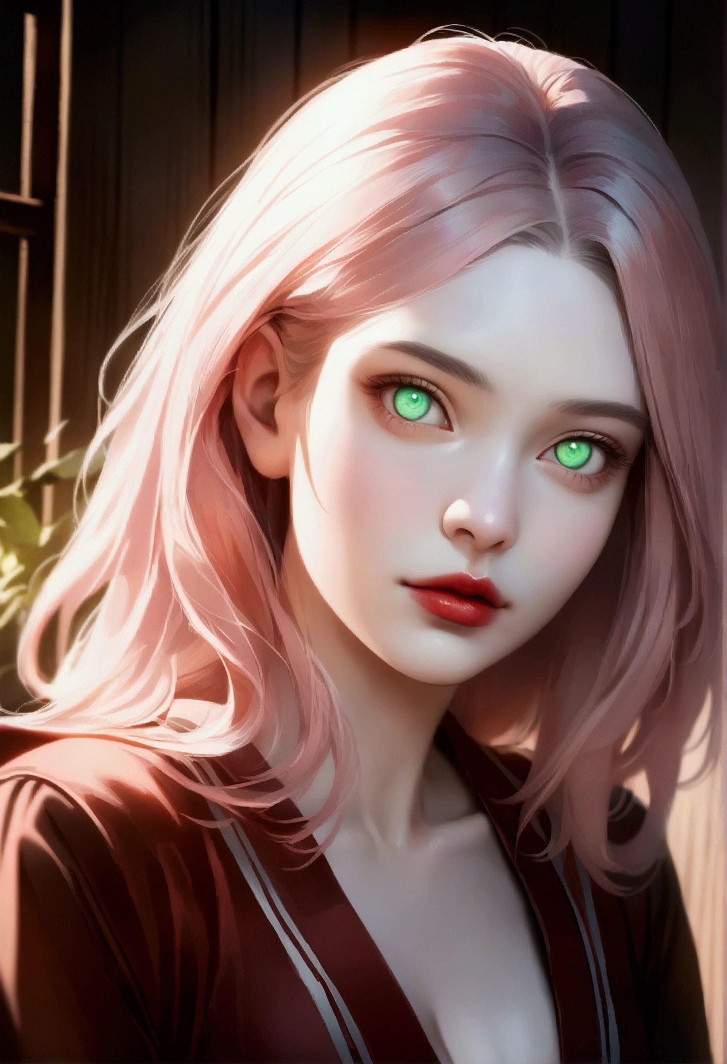 (close up, portrait, digital art, digital illustration, 4K, 8K, super detailed, beautiful images, sharp image, realistic, RAW photo, perfect face, perfect lines, perfect light green eyes, soft lighting), 1 woman, (short light pink hair, (background of a Japanese wooden house), , leaning on the balcony, scary turquoise eyes,, pale skin, strange light eyes, red lips, menacing, cleavage, small breasts, sexy, looking at viewer, lips glowing, night, wearing Sakura Haruno outfit from the anime Naruto