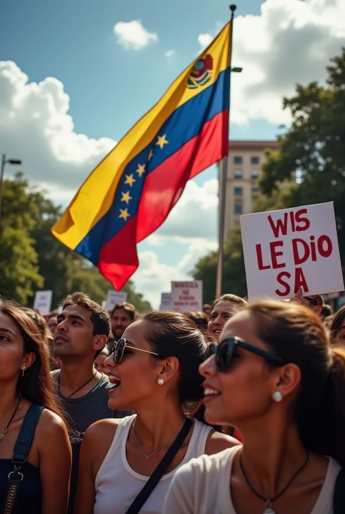 Image of people protesting with the Venezuelan flag in the background.