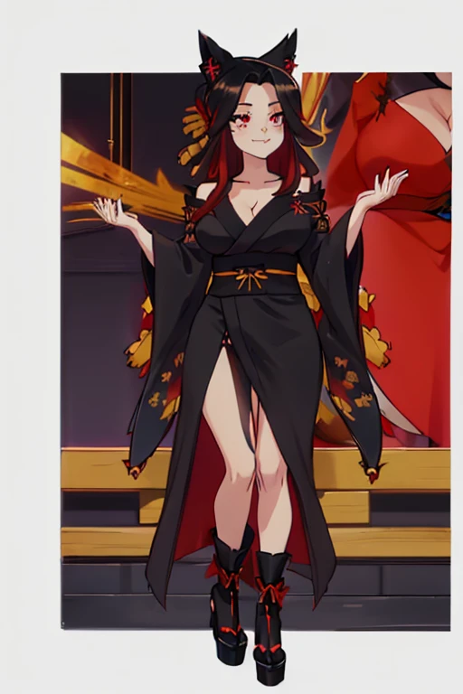 female, black long messy hair, red eyes, black fox ears, nine black fox tails, (((1girl))), (((black kimono with red and gold trim))), (red sash), (black knee high toeless socks), (red heeled sandals), cute and sexy, full body, large breasts, long legs, smiling, cleavage