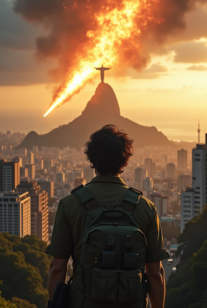 a man in the middle of Rio de Janeiro with black wavy hair , militar , freezing cold, witnessing a giant meteor crashing into Christ the Redeemer and creating a possible zombie apocalypse virus