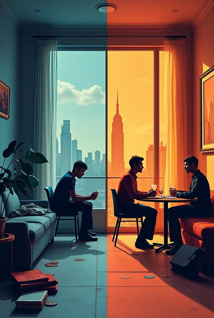 Create a poster that shows the differences between people with high and low economic, social, and cultural capital.

Include:

Left Side (Low Capital): poor lifestyle, limited education, few connections, poor cultural exposure.

Right Side (High Capital): Luxurious lifestyle, advanced education, strong networks, rich cultural experiences.

Use contrasting colors for each side, and make sure the images clearly show the differences in opportunities and quality of life. make it minimalist.