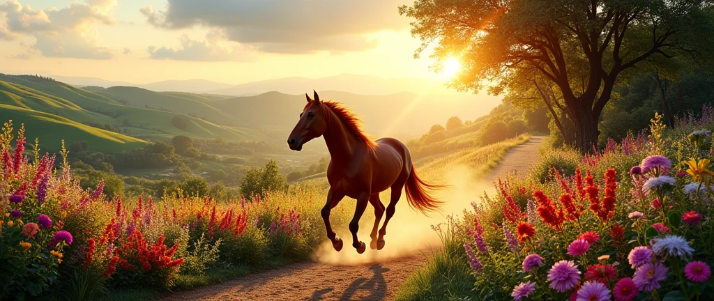 Create a realistic 4k banner where one part talks about a horse ride, another part talks about Catholic festivals and another part talks about plants