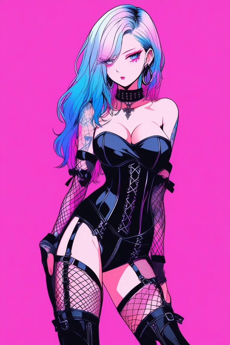 Illustrator, anime , Realistic ,sketch , 1 person, model, Portraiture, lip, She is wearing a strapless, corset-like bodysuit., Wearing black fishnet stockings and black boots with laces, order, Blue and pink gradient background, Neon colored hair, Big Breasts, Sexy look, Sexy pose, Texture Trim, Russia, (masterpiece,Highest quality)