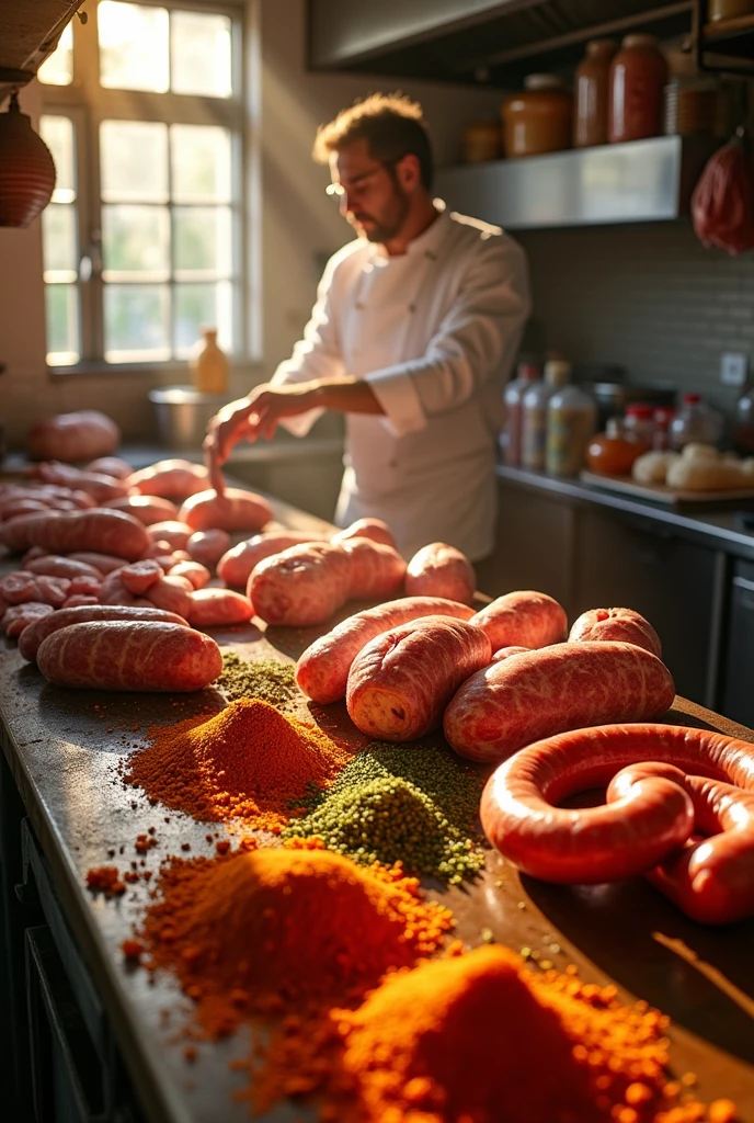 processed meats being prepared, like sausages and hams