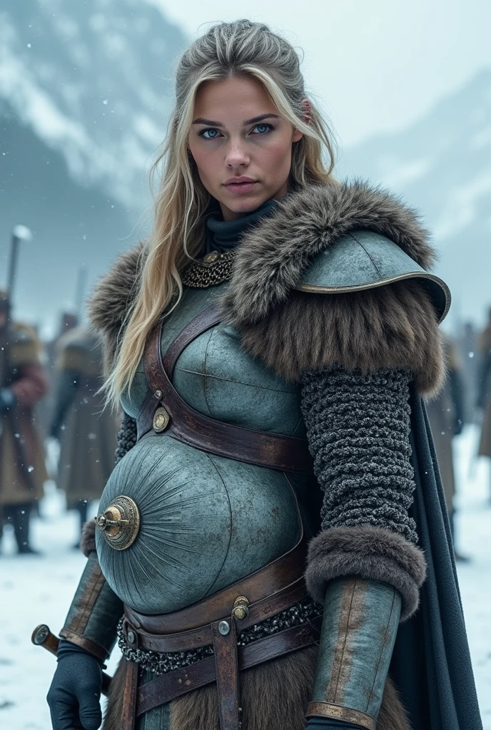 Very huge big belly pregnat viking woman battle chainmail winter snowing romantic