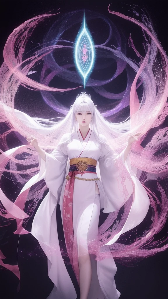 (masterpiece, Highest quality, One Woman, alone, Exquisite detail, chromatic aberration), (Realistic), (skin), ((breathe)), (Silver Hair, Blunt bangs, Straight Long Hair, Cropped bangs), Beautiful Hair, Red headdress, Blue Highlights, Hair on one eye, Purple eyes, Earrings, Sharp Eye, ((A pink and white kimono)), ((Symmetrical eyes)), ((Perfectly symmetrical body)), ((Perfectly symmetrical hands)), (PurerosFace_v1:0.3), night, (((Natural light))), Backlight, Pale pink wall, Bright lighting, Facing the audience, ((Central Shot, from the front, (Face and waist))), Mysterious atmosphere, fortune teller in kimono, beautiful fortune teller, fortune teller, dark fantasy female fortune teller, female fortune teller, Fantasy Photography, magician, witch fairytale, Japanese style, Elegant cinematic fantasy art, Fantasy Woman, portrait of magician, Casting a Spell, fortune teller, Not very sexy kimono, Powerful wizard, Nestled in a mysterious forest. Flowing robes decorated with symbols, Arms stretched out, Eyes glowing with mystical energy. Spells leak from his mouth, Vibrant, Patterns of light magic swirl in the air, Red and blue hues pulsate. The allure permeates, Flowers Bloom, And creatures look on in awe. Threads of magical energy dance, Uncover hidden areas, Uncovering the secrets. Capture the essence of this enchanting moment, Highest qualityのキャンバスに、The mystical power of light magic is vividly expressed。. . Highest quality, masterpiece, ultra-High resolution, (photoRealistic:1.4), RAW Photos, Sharp focus, High resolution, detailed skin.Amaterasu Goddess、I like kimonos.