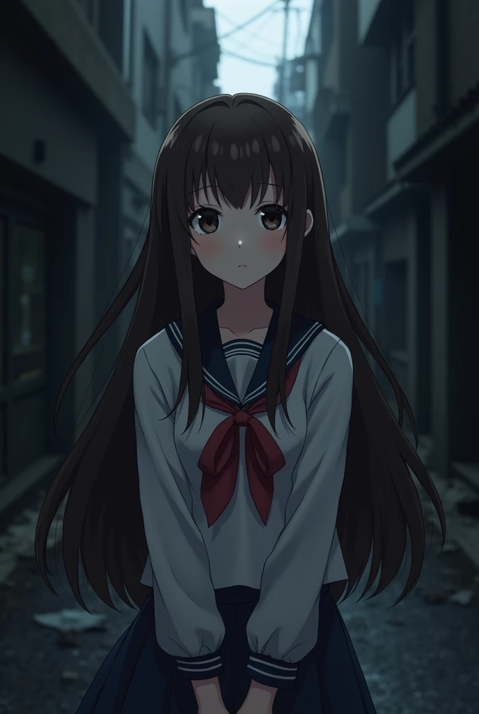 Dark background , asian anime girl , brown hair , long and straight hair , black eye , bambi eye shape , wears japanese school uniform 