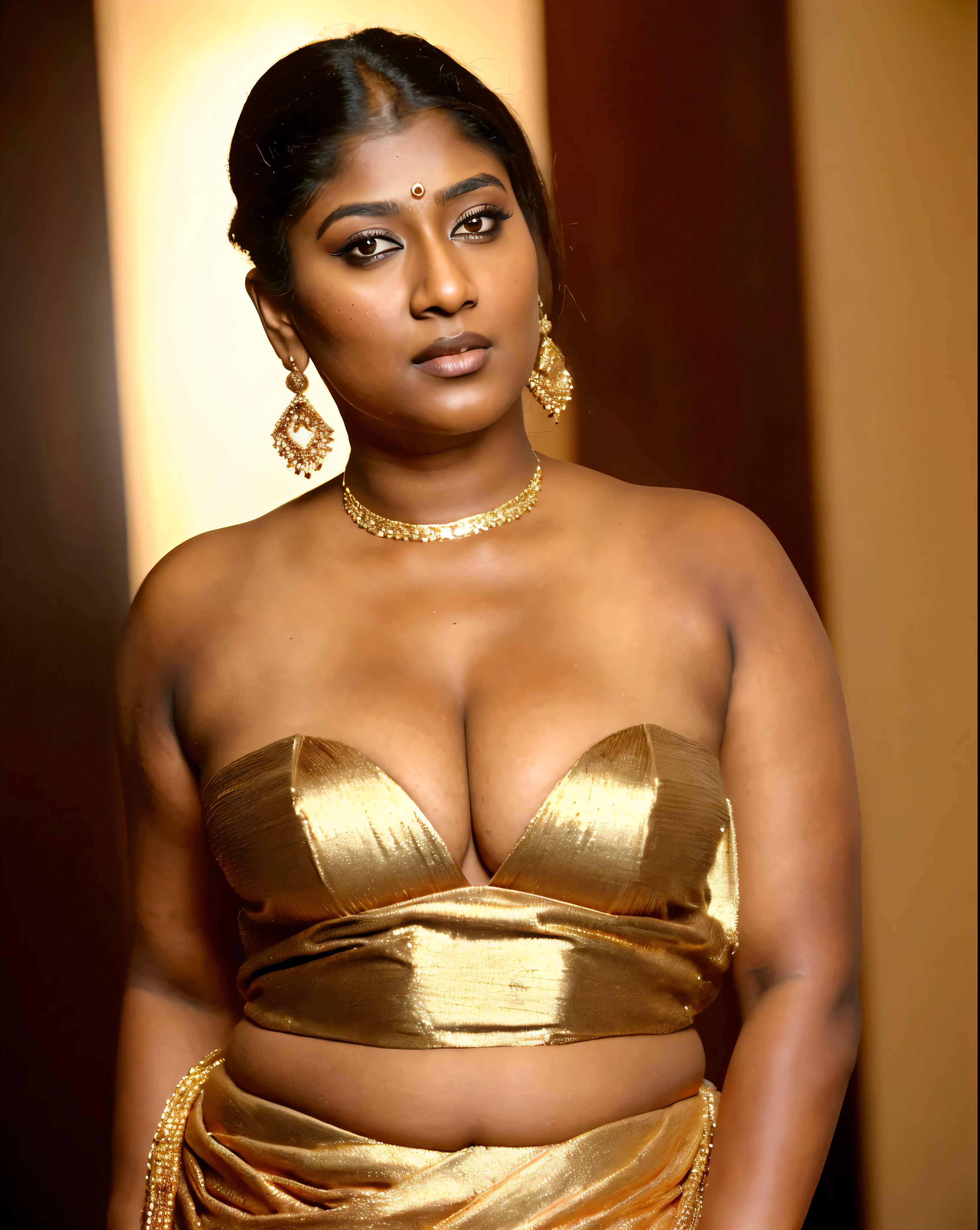Looks like Nayanthara, thick figure, bulky figure, fleshy figure, black lips, beautiful hypnotizing gazing eyes, Full figured woman, heavy figure, attractive, gorgeous, stunning beauty, milf, 50 years old Woman, attractive body, araffe woman in a gold sari posing for a picture, chocolate skin, skin pores, sweat, incredible skin texture, wearing gold jewellery, photo of a hand jewellery model, sexy girl with dark complexion, indian girl with brown skin, beautifully styled hair, traditional beauty, wearing elegant jewellery, traditional makeup, with small studded earings, indian goddess, indian, intricate thin details in gold, gold jewellery, modeling shoot, 7 0 mm portrait, dramatic lighting, cinematic colour grading,