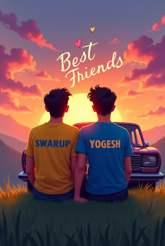 2 friends siting on the heel, car is front enjoying the view of sunset, one boy name "swarup" written on the shirt and another boy name "YOGESH" written on the t shirt 2d cartoon behind the cartoon best friend front  side best friend text 