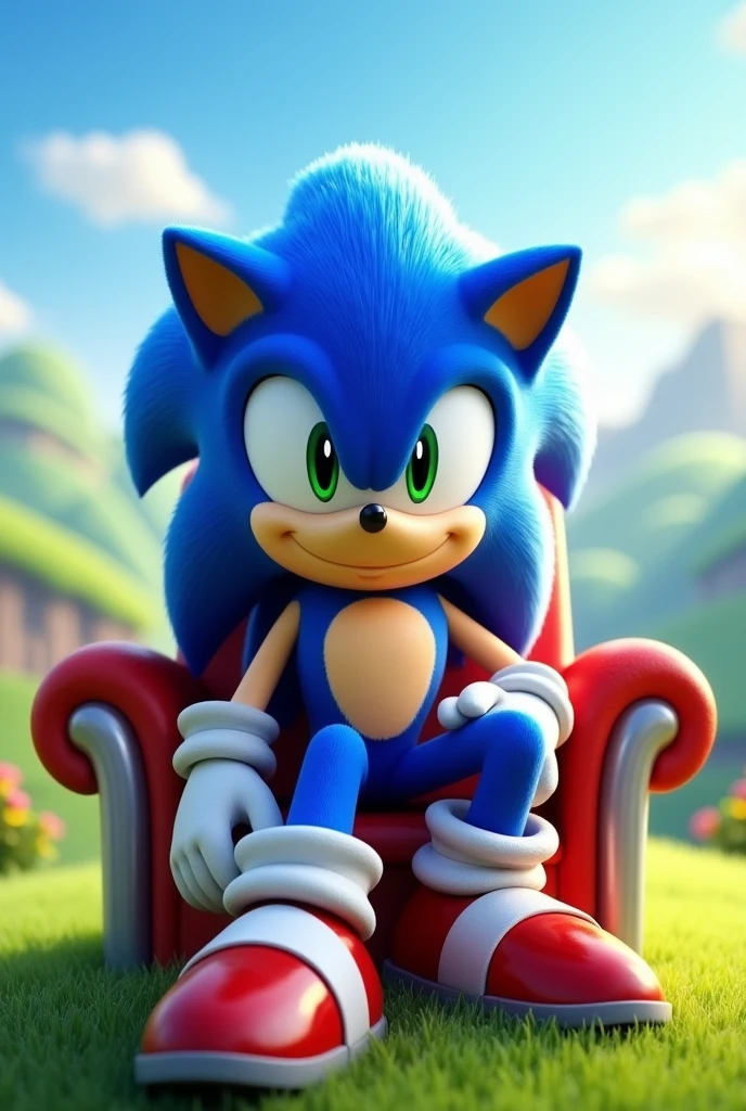 Sonic the hedgehog , solo, looking at viewer, smile, 1boy, full body, sitting on chair, looking at viewer 