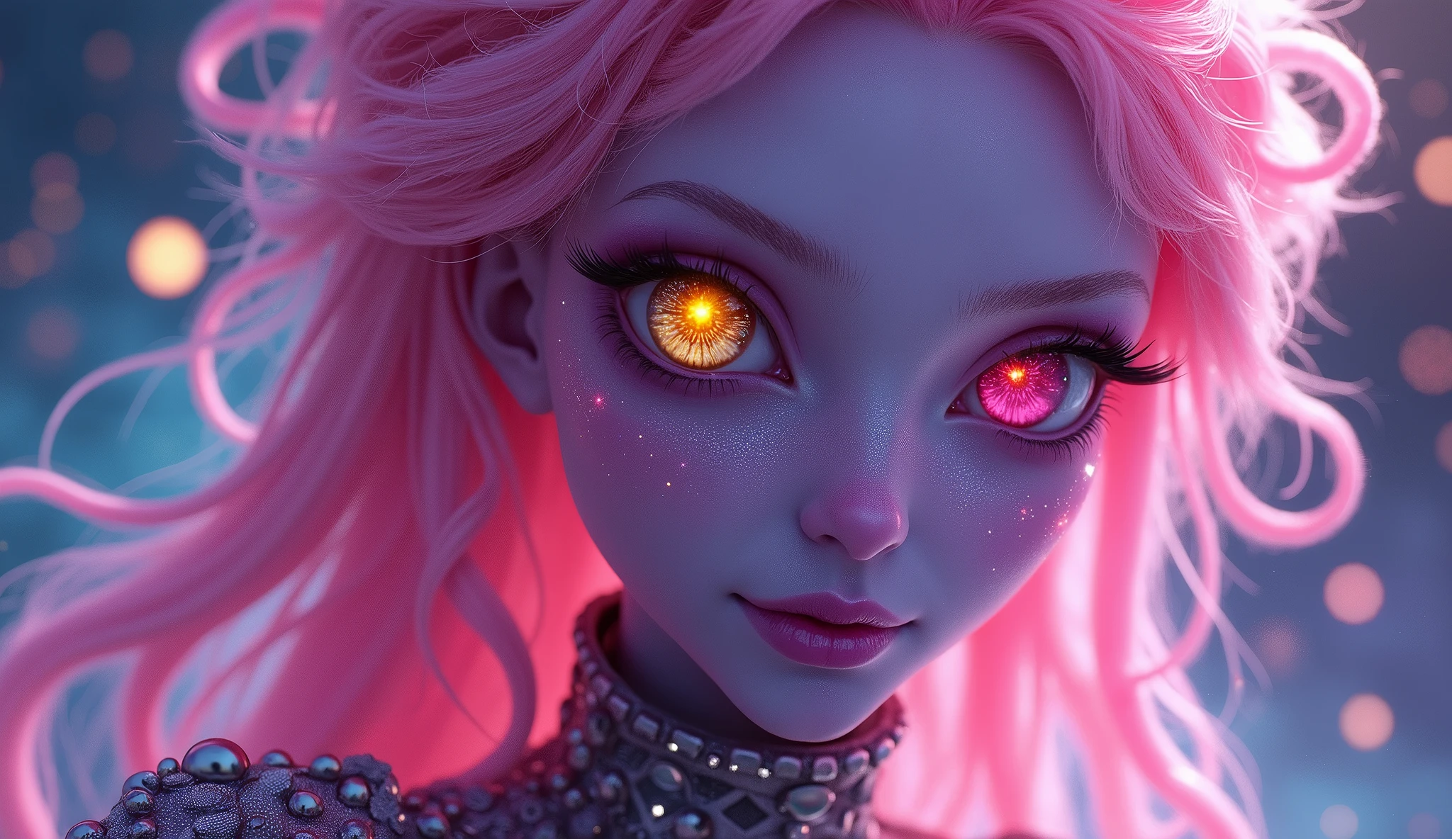 (Close-up of a better masterpiece: 1.5) 0.9], (beautiful alienigin queen, purple skin: 1.2) (Messy pink hair: 1.1) (Heterochromia xanthochromia and red eyes: 1, 2) (futuristic clothing: 1.0) (Colored stars in the eyes: 1.0) (A radiant glow: 1.1) (thick lips: 0.9) in the background a beautiful galaxy