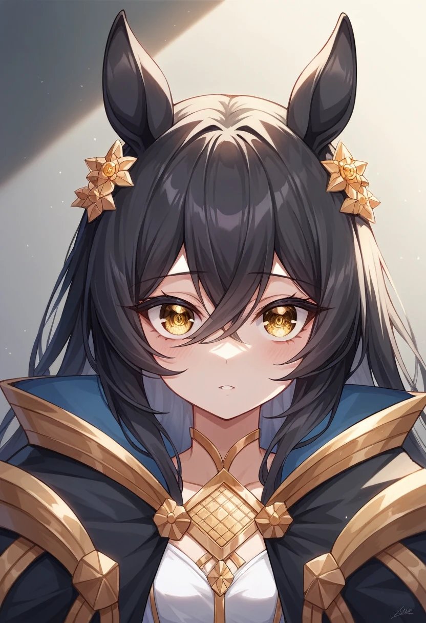 Horse Girl、Manhattan Cafe、Long hair, (Gold eyes:1.5),  animal ears, tail, BLACK hair, White center mesh, Horse ears, Horse tail, straight hair, (small breast:1.2), BREAK looking at viewer, BREAK outside, BREAK (masterpiece:1.2), best quality, high resolution, unity 8k wallpaper, (illustration:0.8), (beautiful detailed eyes:1.6), extremely detailed face, perfect lighting, extremely detailed CG, (perfect hands, perfect anatomy),BLACK long coat、