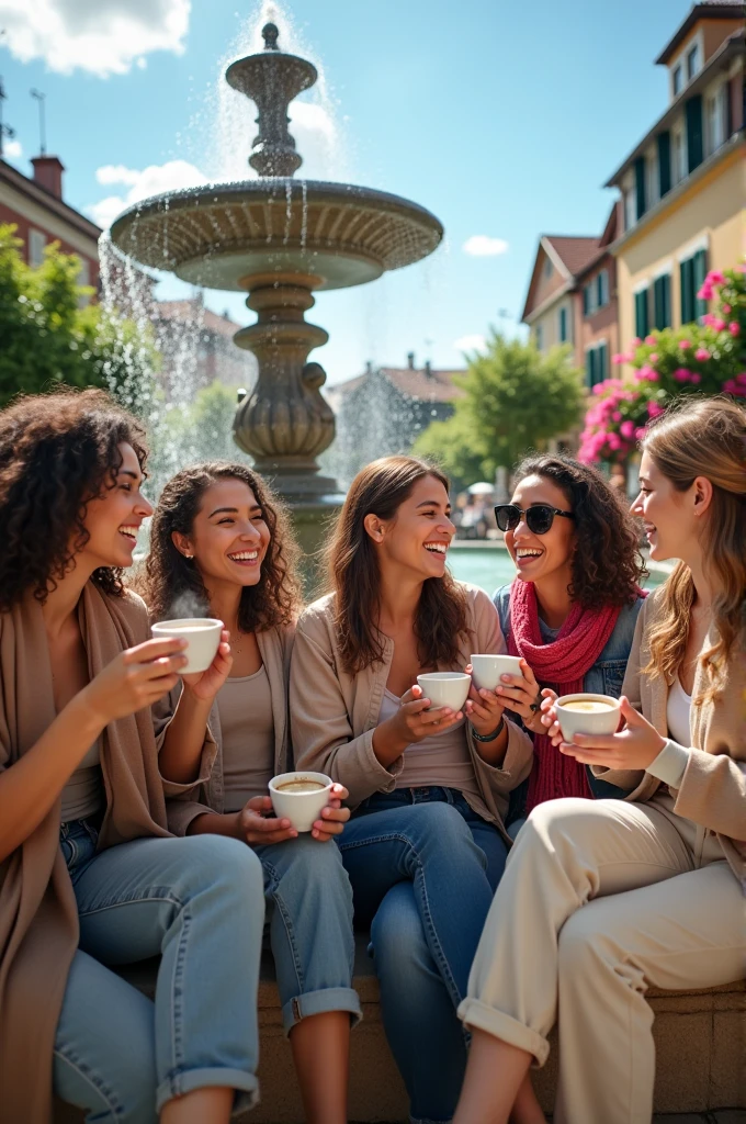 Some friends standing around a fountain drinking coffee