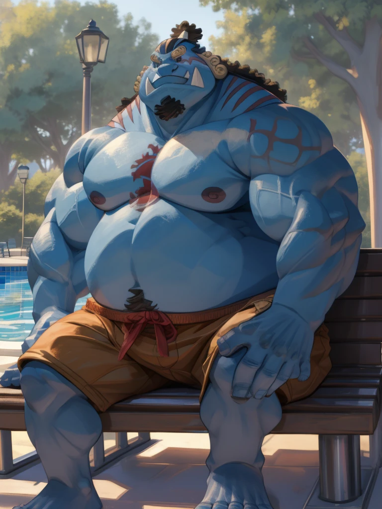 solo, 1boy, (Huge jinbei sitting in bench, park, blue skin, shorts, smile) (muscular, pectoral, chubby) (topless, shirtless), pool background, masterpiece, high detailed, 8k, high resolution