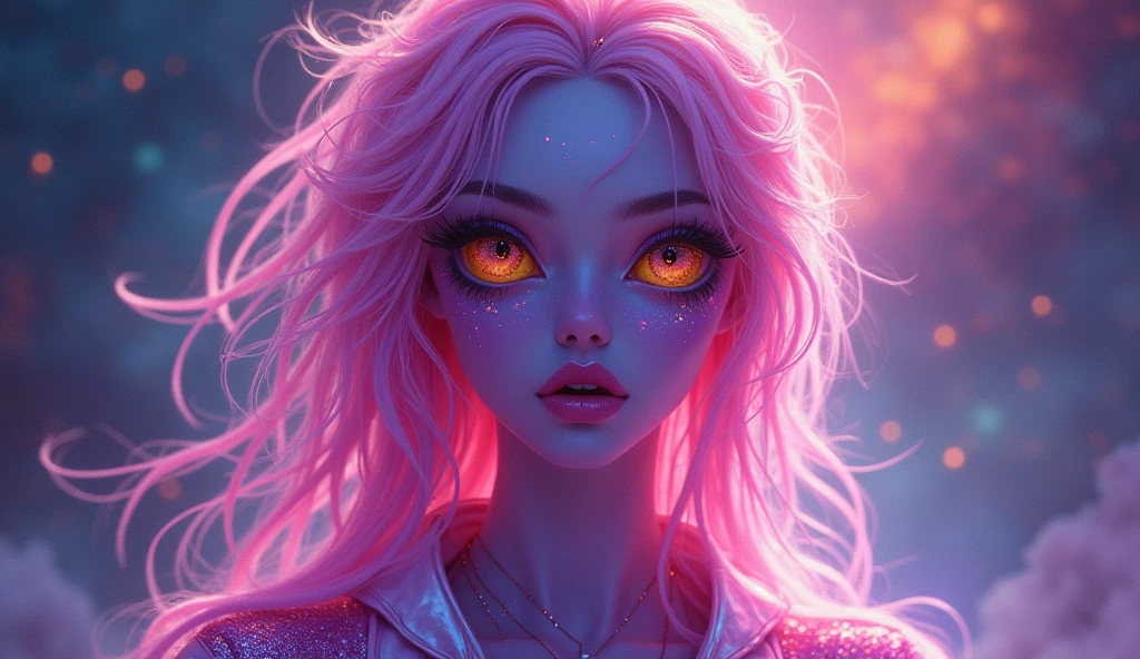 (full body of a better masterpiece: 1.5) 0.9], (beautiful alienigin queen, purple skin: 1.2) (Messy pink hair: 1.1) (Heterochromia xanthochromia and red eyes: 1, 2) (futuristic clothing: 1.0) (Colored stars in the eyes: 1.0) (A radiant glow: 1.1) (thick lips: 0.9) in the background a beautiful galaxy