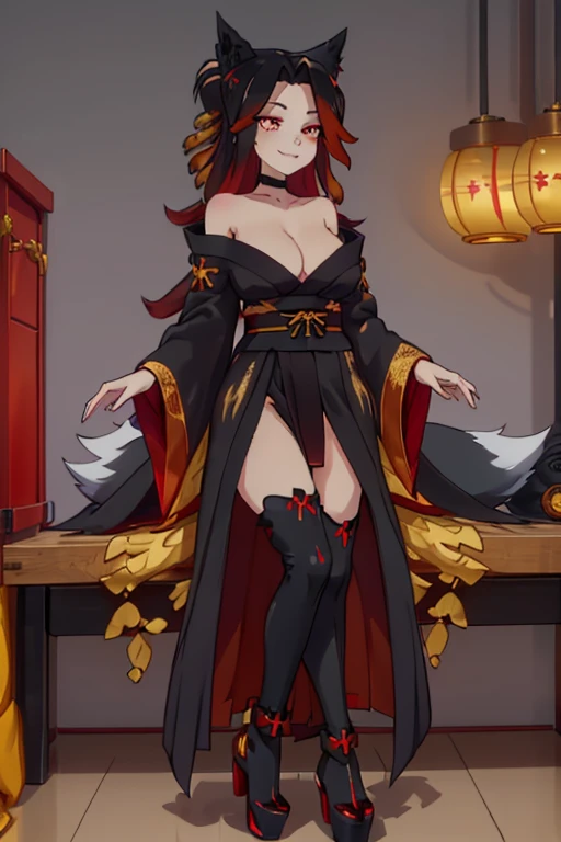 female, black long messy hair, red eyes, black fox ears, nine black fox tails, (((1girl))), (((black kimono with red and gold trim))), (red sash), (black knee high toeless socks), (red heeled sandals), cute and sexy, full body, large breasts, long legs, smiling, cleavage