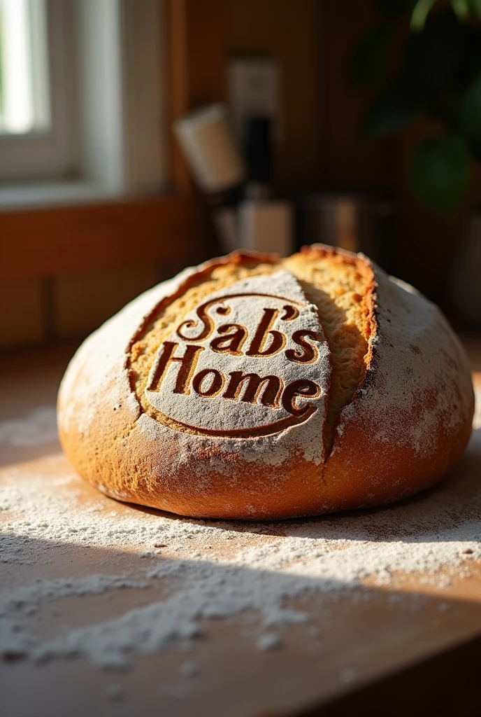 Sab's Home Logo on Sourdough Bread: Dusted with flour on top of a sourdough bread, just before baking, creating a visible image on the crust.