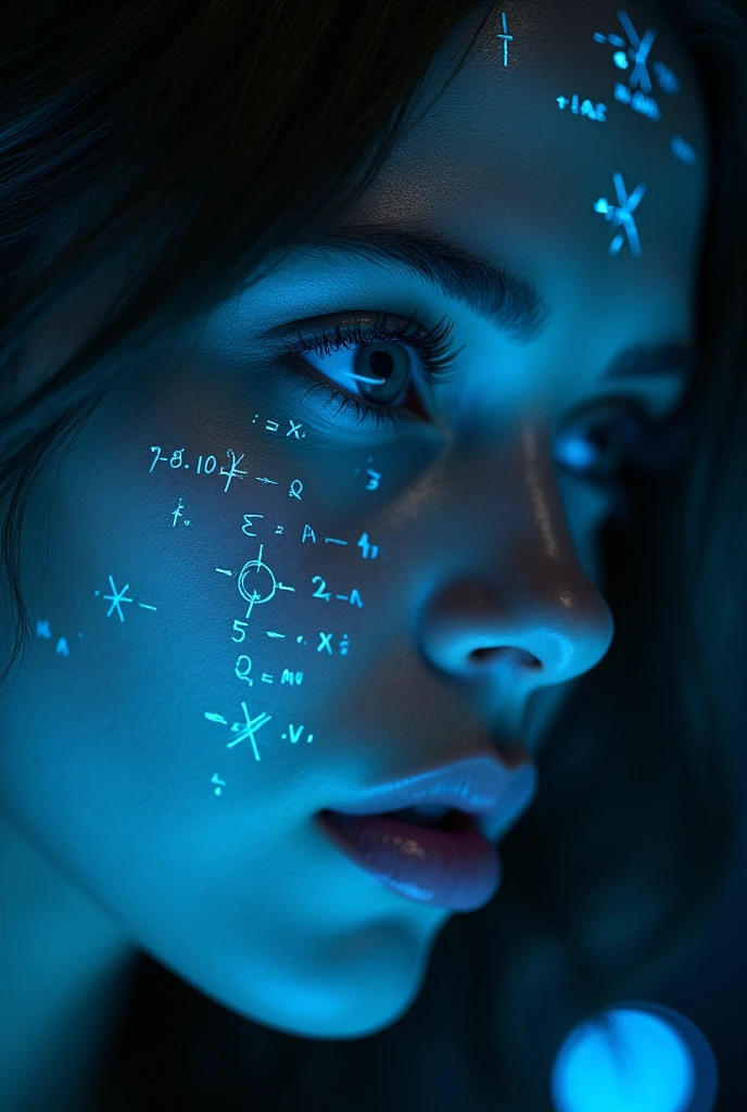 Close up of woman's face, Glowing blue holographic equations projected onto the skin.. Strong gaze, Realistic features. Dark background, Cyberpunk aesthetics. Glowing math formulas, Handwriting style. Futuristic, High-tech atmosphere. Photorealistic rendering, Dramatic Lighting, In sharp contrast