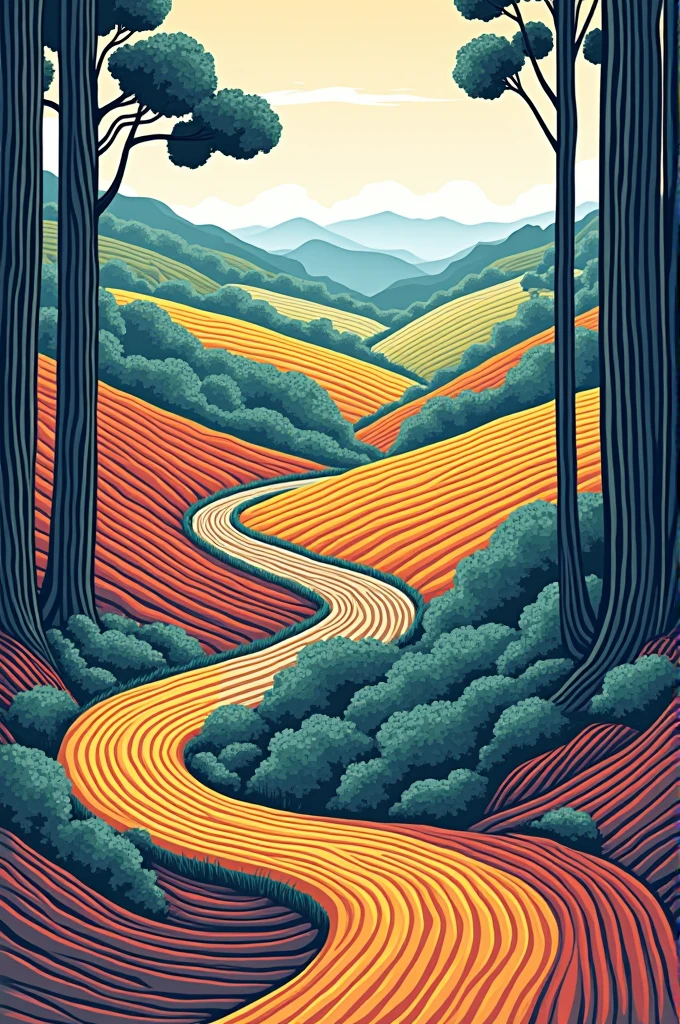 landscape illustration with line expressions: vertical lines, horizontal lines, diagonal lines, spiral lines, parallel lines, and zigzag lines