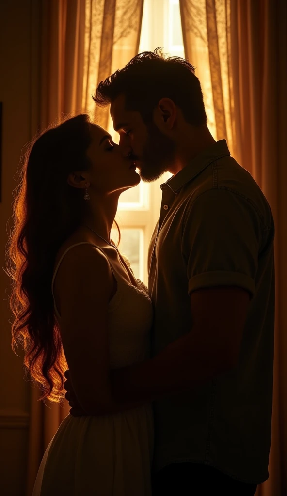 Shadows of youth, a man and a woman kissing and a third shadow of a woman in the background (Only One)