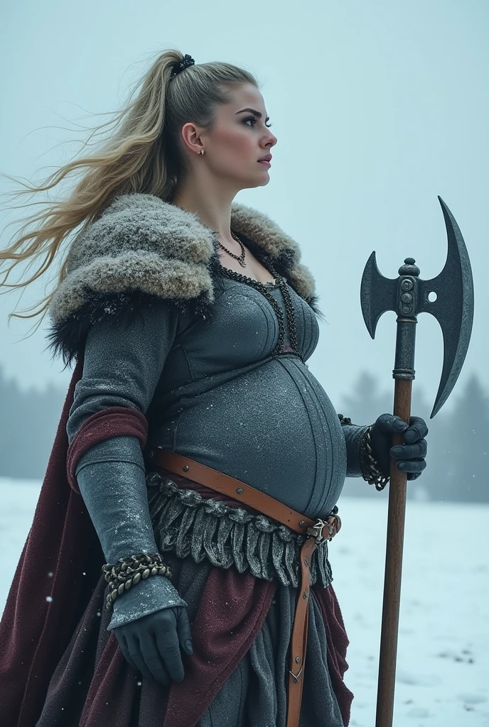 Very huge big belly pregnat viking woman  battle   chainmail  winter snowing   romantic 