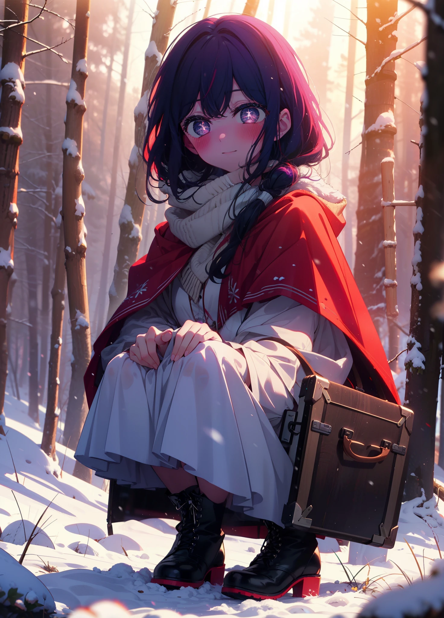 aihoshino, Ai Hoshino, Long Hair, bangs, (Purple eyes:1.1), Purple Hair, (Symbol-shaped pupil:1.5), smile,,smile,blush,white breath,
Open your mouth,snow,Ground bonfire, Outdoor, boots, snowing, From the side, wood, suitcase, Cape, Blurred, , forest, White handbag, nature, Squat, Mouth closed, Cape, winter, Written boundary depth, Black shoes, red Cape break looking at viewer, Upper Body, whole body, break Outdoor, forest, nature, break (masterpiece:1.2), Highest quality, High resolution, unity 8k wallpaper, (shape:0.8), (Beautiful and beautiful eyes:1.6), Highly detailed face, Perfect lighting, Extremely detailed CG, (Perfect hands, Perfect Anatomy),