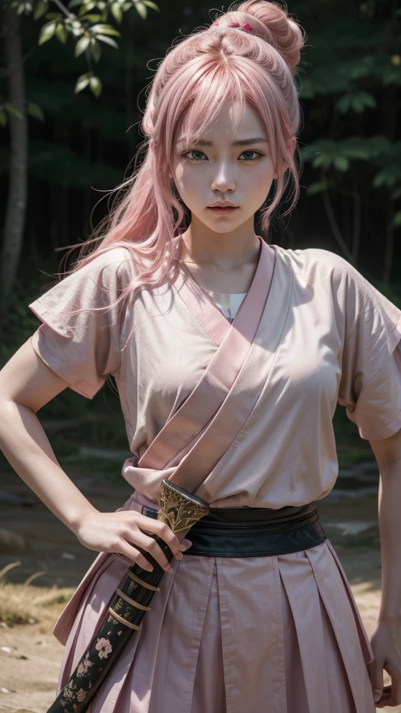 A young female samurai with medium-length pink hair and pink eyes, wearing pink Japanese armor, holding a katana, set in a battlefield. Photo realistic, 8K quality, masterpiece, high resolution, high quality.