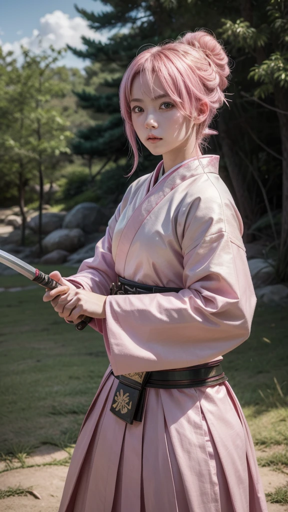 A young female samurai with medium-length pink hair and pink eyes, wearing pink Japanese armor, holding a katana, set in a battlefield. Photo realistic, 8K quality, masterpiece, high resolution, high quality.