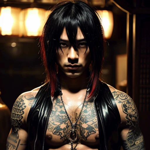 1 man, Japanese man, male, Asian eyes, muscular, broad shoulders, yakuza tattoos, hairstyle Visual Kei style, hair Visual Kei, black men's shirt and black pants, ultra detailed face, hyperrealistic, realistic representation, long hair, long hair, 30 years old, age 30 years, blonde hair, full body view 