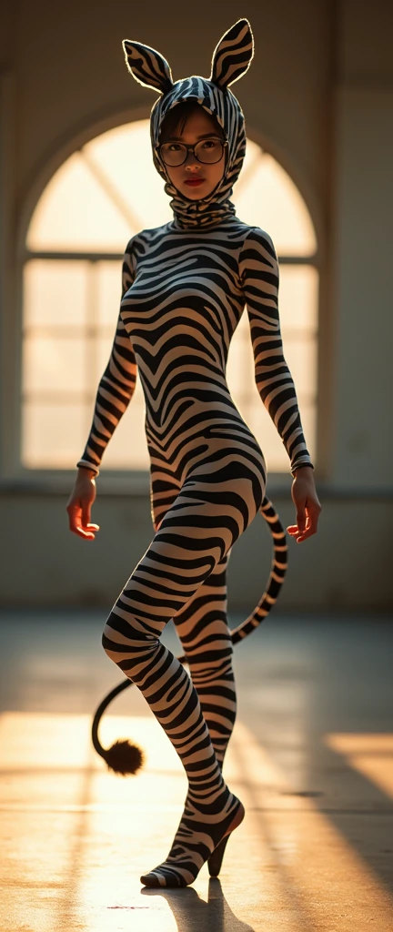 the most beautiful Chinese flexible adult girl wearing a black glasses with beautiful cheeks wears zebra print full lycra dancewear turtleneck unitard catsuit with a long tail.She wears a pair of zebra lycra spandex socks.She always wears zebra print lycra elastane hijab-like zentai hood with zebra ears.