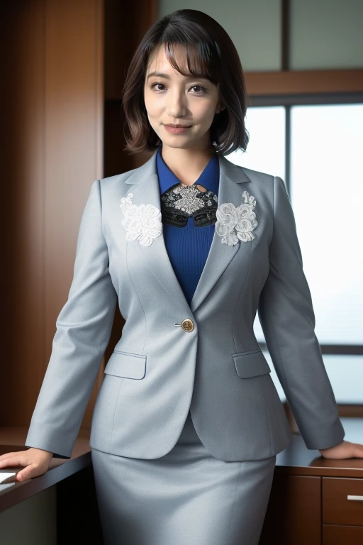Japanese woman dressed as an office lady、
(((masterpiece))), ((Highest quality)), ((Intricate details)), (((超Realisticな)), irrational solution, Near and far, Very detailed, Realistic, one person's,Perfect hands, Detailed fingers, Beautiful and detailed, short hair,,(Dark blue tight skirt:1.2), Detailed Background、Dark interior,White blouse, Perfect Eyes, Captivating eyes, Look at the viewers, (Protruding buttocks)、Calf、(High heels),(pantyhose),Captivating thighs