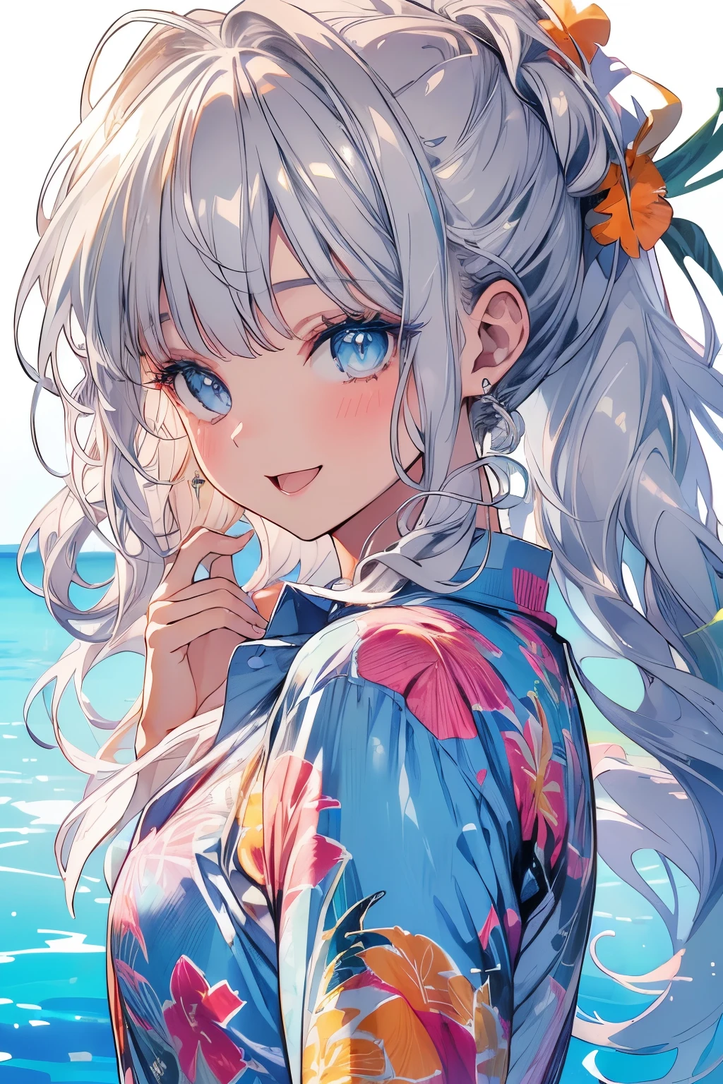 (Best quality,4K,8K,High resolution,Masterpiece:1.2),Super detailed,(Actual, Realistic),highly detailed, top quality, soft skin,Portrait,
break,
((clear blue eyes:1.2)),smiling eyes,beautiful eyelashes,beautiful lower eyelashes,
break,
((Beautiful and shiny silver hair:1.3)),A dazzling smile, a bursting smile, an open mouth laugh,
break,
very happily,
break,
((Beautiful aloha shirt:1.3))