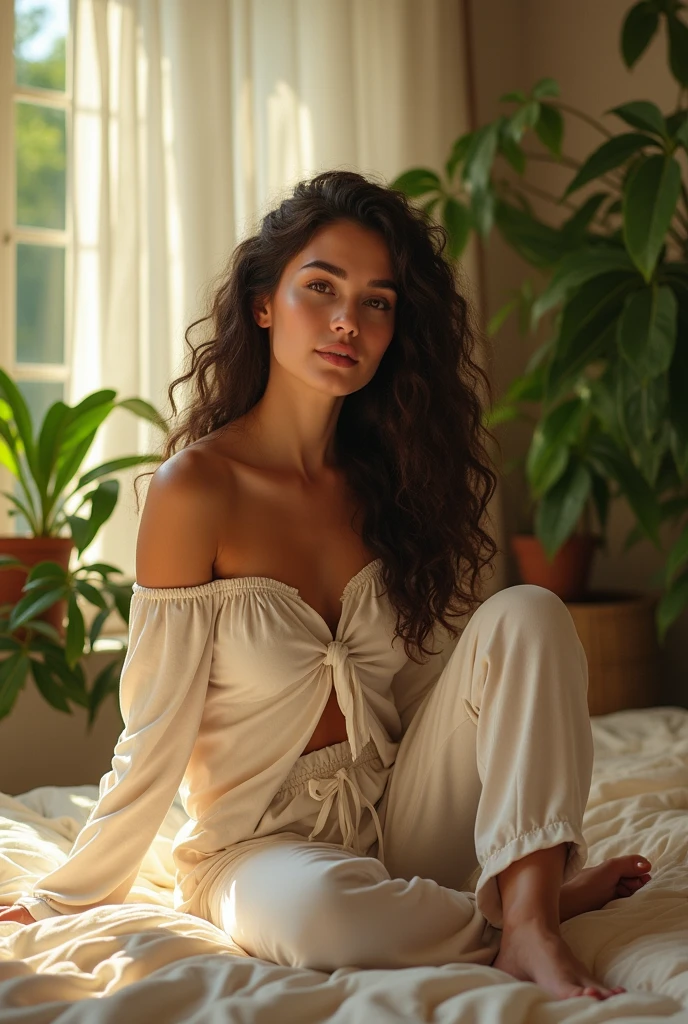 (photorealism:1.2), beautiful woman, sitting on bed, wearing loose off-shoulder top, pajama pants, long curly hair, indoors, soft lighting, plants in background, window with sunlight, cozy room, relaxed pose, realistic, intricate details, warm colors, by Greg Rutkowski, by Alphonse Mucha