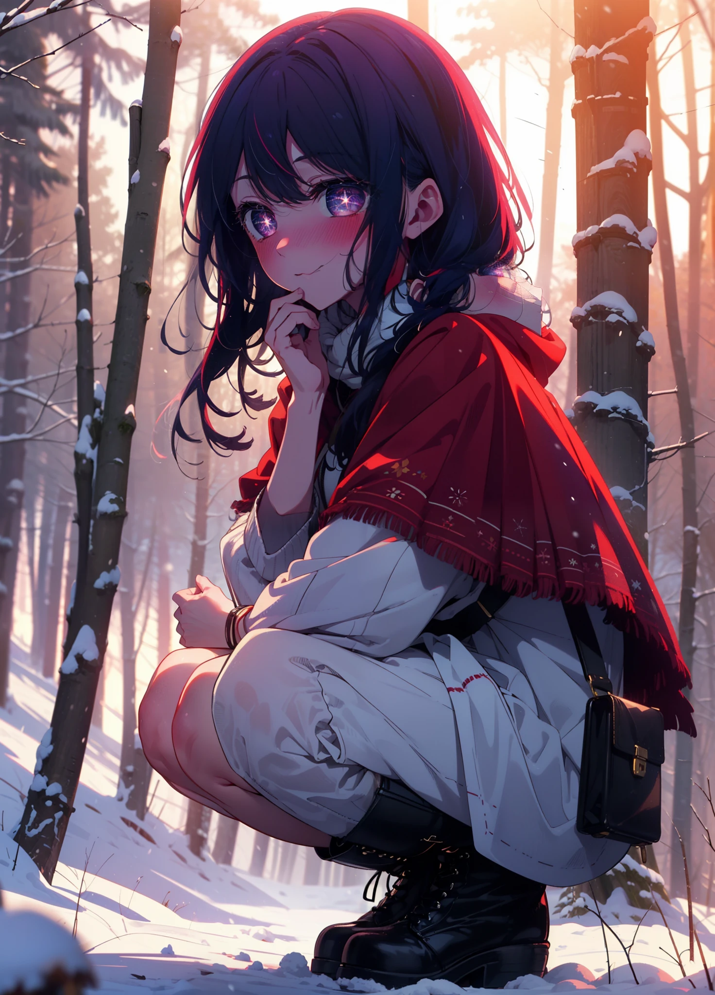aihoshino, Ai Hoshino, Long Hair, bangs, (Purple eyes:1.1), Purple Hair, (Symbol-shaped pupil:1.5), smile,,smile,blush,white breath,
Open your mouth,snow,Ground bonfire, Outdoor, boots, snowing, From the side, wood, suitcase, Cape, Blurred, , forest, White handbag, nature, Squat, Mouth closed, Cape, winter, Written boundary depth, Black shoes, red Cape break looking at viewer, Upper Body, whole body, break Outdoor, forest, nature, break (masterpiece:1.2), Highest quality, High resolution, unity 8k wallpaper, (shape:0.8), (Beautiful and beautiful eyes:1.6), Highly detailed face, Perfect lighting, Extremely detailed CG, (Perfect hands, Perfect Anatomy),