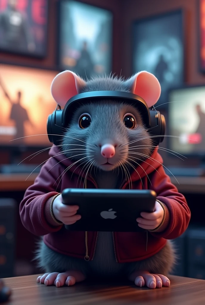 Emote of a gray rat with black gaming gear, holding an iPhone and playing COD Mobile, dressed in burgundy.