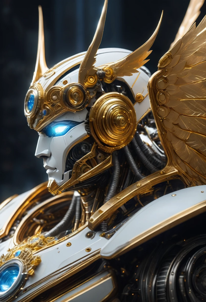 Close-up of the head of the mechanical god,profile,Staring at me,Precise details,light emitting parts,universe,White Machine,Mechanical Wings,Golden Ring,,(masterpiece, Highest quality, Highest quality, Official Art, beautifully、beautiful:1.2,Ray Tracing)