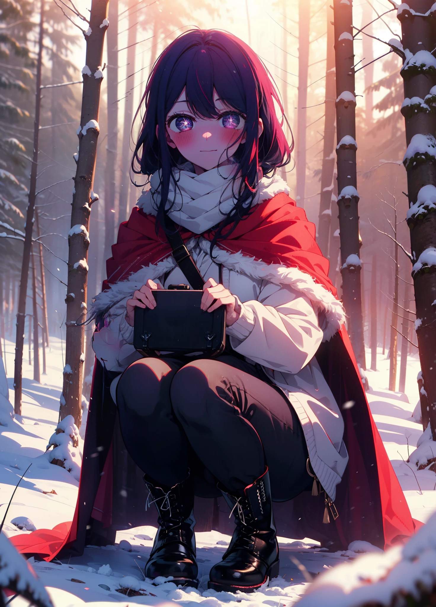 aihoshino, Ai Hoshino, Long Hair, bangs, (Purple eyes:1.1), Purple Hair, (Symbol-shaped pupil:1.5), smile,,smile,blush,white breath,
Open your mouth,snow,Ground bonfire, Outdoor, boots, snowing, From the side, wood, suitcase, Cape, Blurred, , forest, White handbag, nature, Squat, Mouth closed, Cape, winter, Written boundary depth, Black shoes, red Cape break looking at viewer, Upper Body, whole body, break Outdoor, forest, nature, break (masterpiece:1.2), Highest quality, High resolution, unity 8k wallpaper, (shape:0.8), (Beautiful and beautiful eyes:1.6), Highly detailed face, Perfect lighting, Extremely detailed CG, (Perfect hands, Perfect Anatomy),