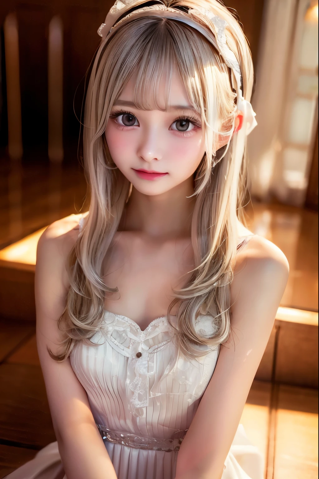 1 girl, naked, nude, セクシー,silver straight hair, blondes, medium long hair, she is AYA MIYABI, 2, Bishojo, looking at viewer, she is famous Japanese idol, kawaii, (mascara), eyeliner, almond eye, natural eyebrows, thin lips, Natural color lip, extremely detailed skin, fair skin, smile, cute, realistic face, slender face, beautiful skin, flat chest, clavicle, slender body, Forehead, delicate thighs, skinny legs, lean legs, Best quality, (8k, RAW photo, best quality, childish face, masterpiece:1.2), ultra-detailed, (realistic, photo realistic:1.37), high detail RAW color photo, an extremely delicate and beautiful, extremely detailed(Selfie:1.1), finely detail,