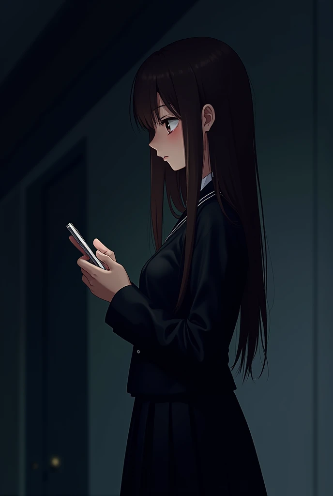 Dark background , asian anime girl , brown hair , long and straight hair , black eye , bambi eye shape , wears black japanese school uniform , side view , playing phone