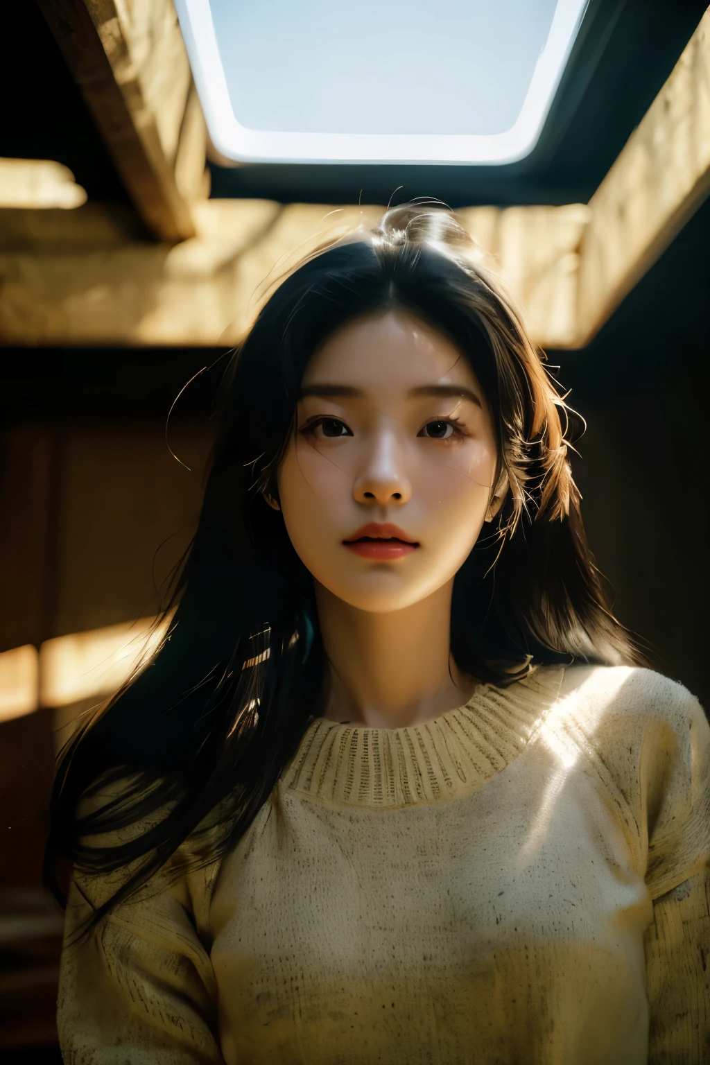 (best quality, ultra high resolution, realistic:1.4), 1 Person - Korean-Colombian Woman, sweater, border light, thin, medium long hair, looking at viewer, Amateur Portrait, nice color palette, soft lighting