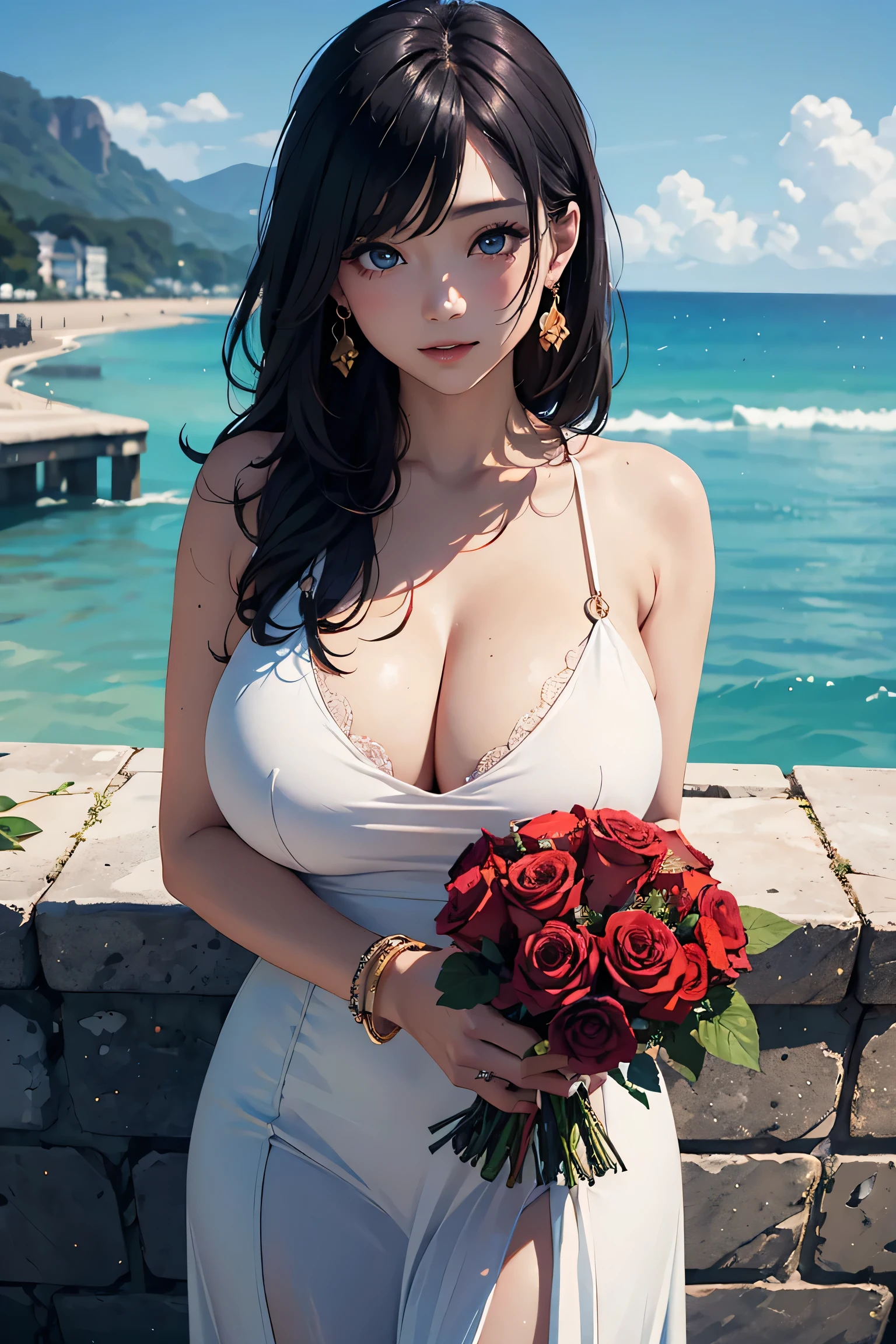 (masterpiece:1.2, Highest quality), (Realistic photos), Beautiful illustrations, (Natural side lighting, Cinema lighting),(1 person), Japanese, 20-year-old female, Perfect Face, Symmetrical cute face, Glowing Skin,Black straight long hair、Dark blue eyes, (Huge breasts:1.2), Slender build、Cleavage、Earrings、bracelet、Beautiful Hair, Beautiful Face, Fine and beautiful eyes, Beautiful body, Beautiful breasts,Flower Hair Ornaments、(White long dress),port、Ocean、Stand on the breakwater、smile、Blushing、Holding a bouquet of roses、（whole body）