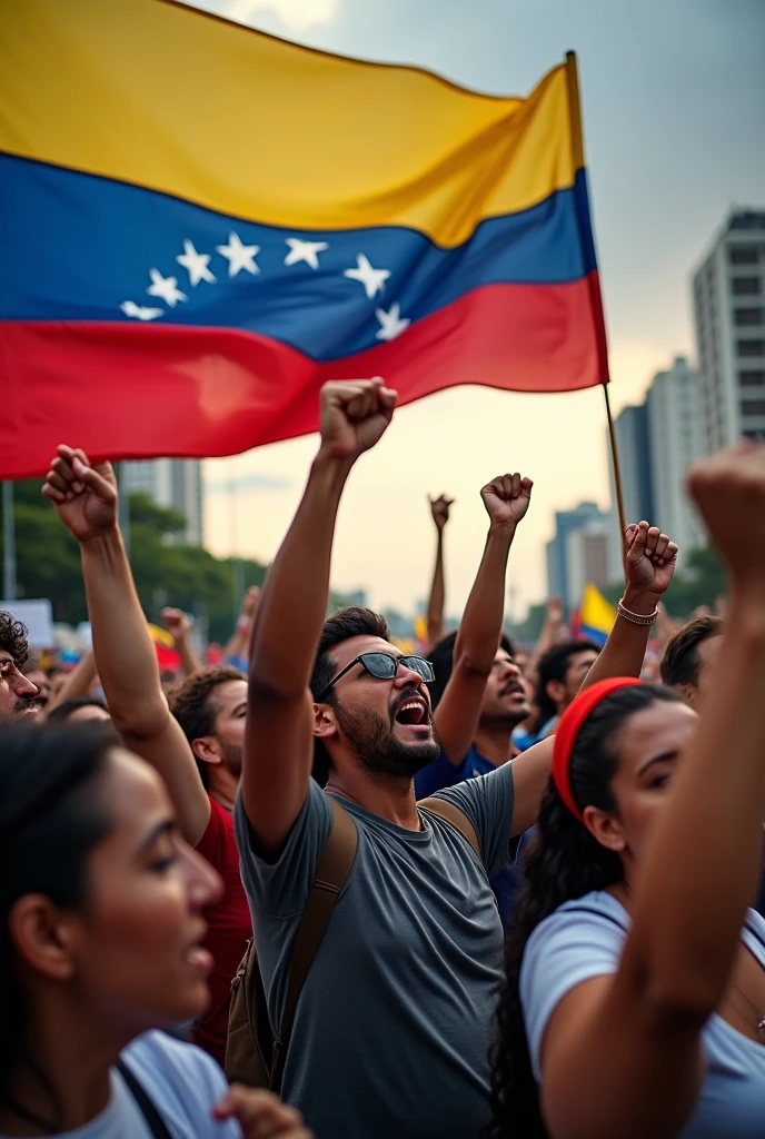 Image of people protesting with the Venezuelan flag in the background. no text.