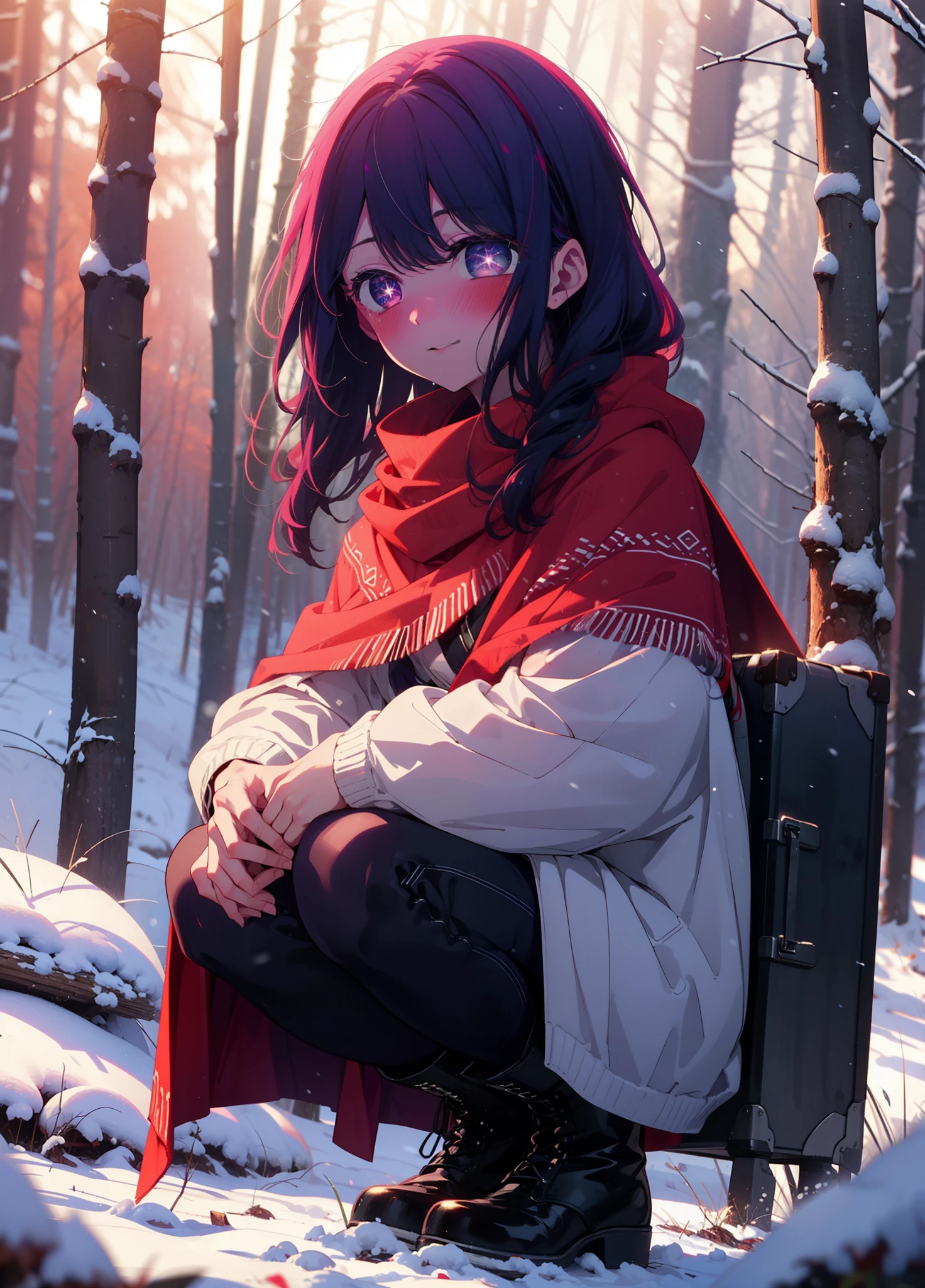 aihoshino, Ai Hoshino, Long Hair, bangs, (Purple eyes:1.1), Purple Hair, (Symbol-shaped pupil:1.5), smile,,smile,blush,white breath,
Open your mouth,snow,Ground bonfire, Outdoor, boots, snowing, From the side, wood, suitcase, Cape, Blurred, , forest, White handbag, nature, Squat, Mouth closed, Cape, winter, Written boundary depth, Black shoes, red Cape break looking at viewer, Upper Body, whole body, break Outdoor, forest, nature, break (masterpiece:1.2), Highest quality, High resolution, unity 8k wallpaper, (shape:0.8), (Beautiful and beautiful eyes:1.6), Highly detailed face, Perfect lighting, Extremely detailed CG, (Perfect hands, Perfect Anatomy),