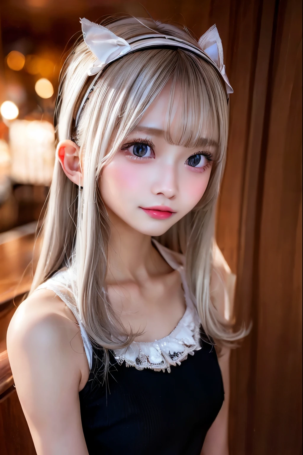 1 girl,silver straight hair, blonde,レースクイーン, レーシングカー,  medium long hair, headband Lace with white ribbon, she is AYA MIYABI, 22 years old, Bishojo, looking at viewer, she is famous Japanese idol, kawaii, (mascara), eyeliner, almond eye, natural eyebrows, thin lips, Natural color lip, extremely detailed skin, fair skin, smile, cute, realistic face, slender face, beautiful skin, flat chest, clavicle, slender body, Forehead, delicate thighs, skinny legs, lean legs, Best quality, (8k, RAW photo, best quality, ish face, masterpiece:1.2), ultra-detailed, (realistic, photo realistic:1.37), high detail RAW color photo, an extremely delicate and beautiful, extremely detailed(Selfie:1.1), finely detail,
