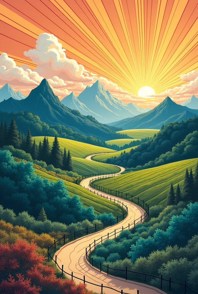 landscape illustration with line expressions: vertical lines, horizontal lines, diagonal lines, spiral lines, parallel lines, and zigzag lines, should look like a landscape painting