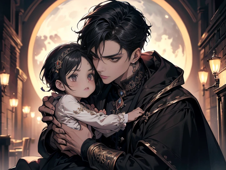 Mother and child, hugging, looking at each other, gazing at each other, (mother and child), (boy), (masterpiece, best quality: 1.2), ((solo)), wearing ancient court clothing, hairpins, hair accessories, delicate facial features, dark tones, black hair, five fingers on each hand, detailed hands, elegant and exquisite, moonlight, moon, dungeon, ancient prison, extreme quality, extremely detailed, ultra detailed face, concept art portrait created by Greg, ultra details, exquisite gothic art, dark gothic fantasy style, three colors, fantasy, exquisite details, splash screen, complementary colors, fantasy concept art, 8k resolution, masterpiece, professional photography, symmetrical balance, super perspective