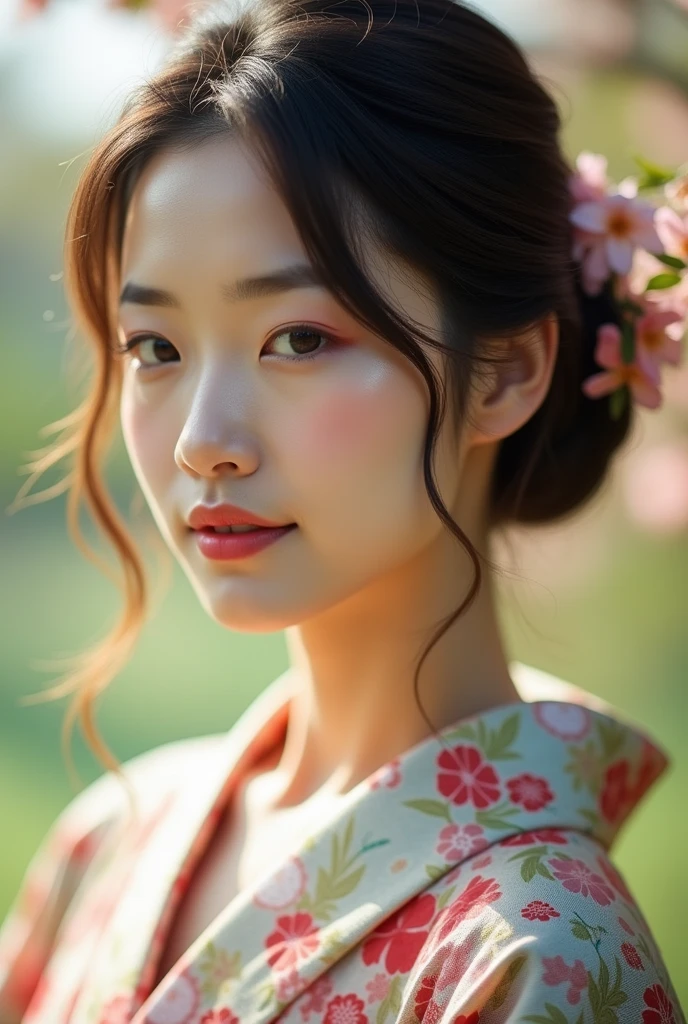 An elegantly dressed Japanese woman in natural light、A close-up of her chest and calm expression.、It shows her inner peace and outer charm.。